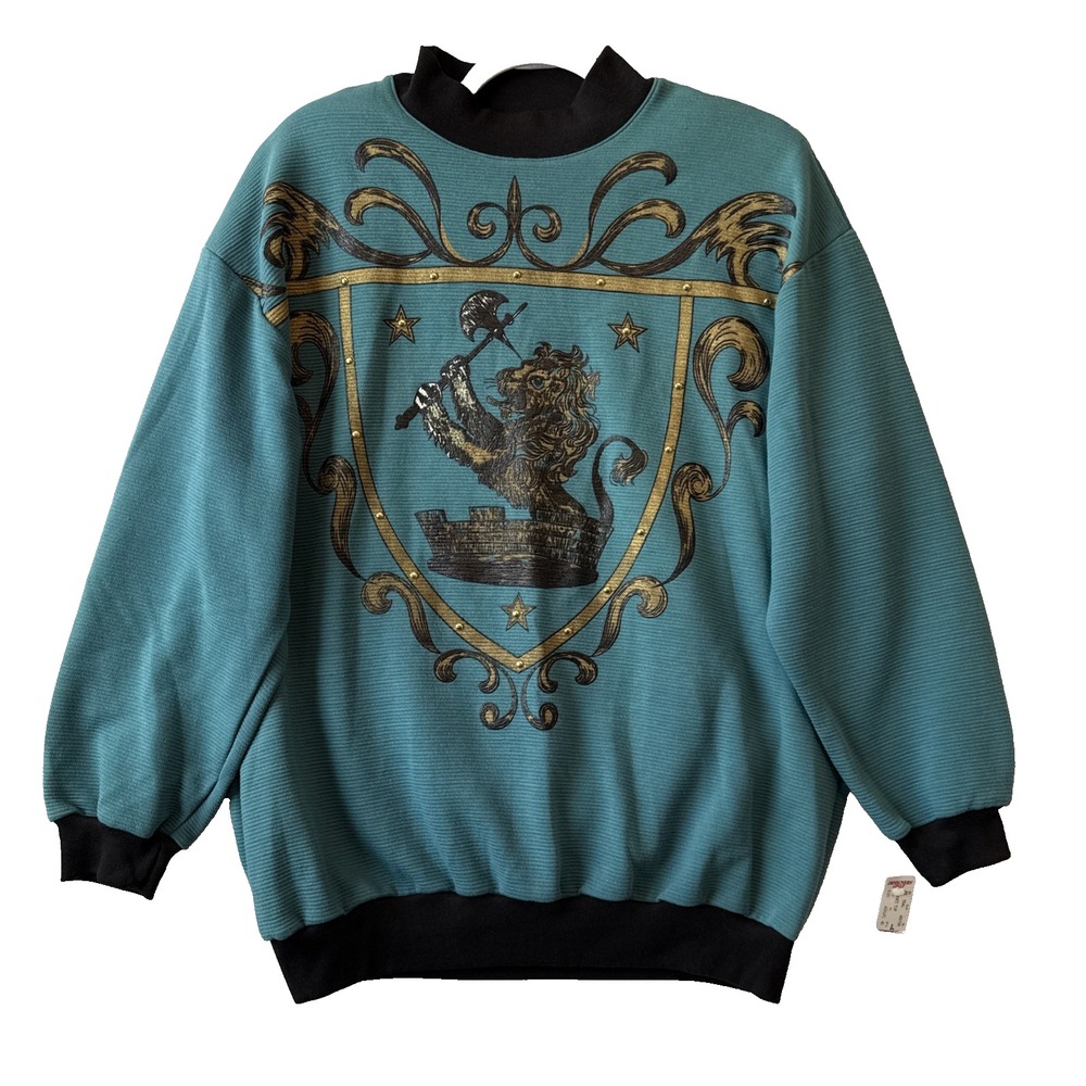 Vtg‎ 80s Adolfo Sport Teal Ribbed Studded Sweatshirt NWT Lion Shield Crest L 90s